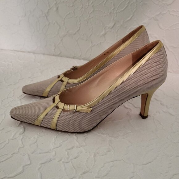 Amalfi by Rangoni Taupe & Gold Pointed Toe Pumps Size 6B - Picture 1 of 10